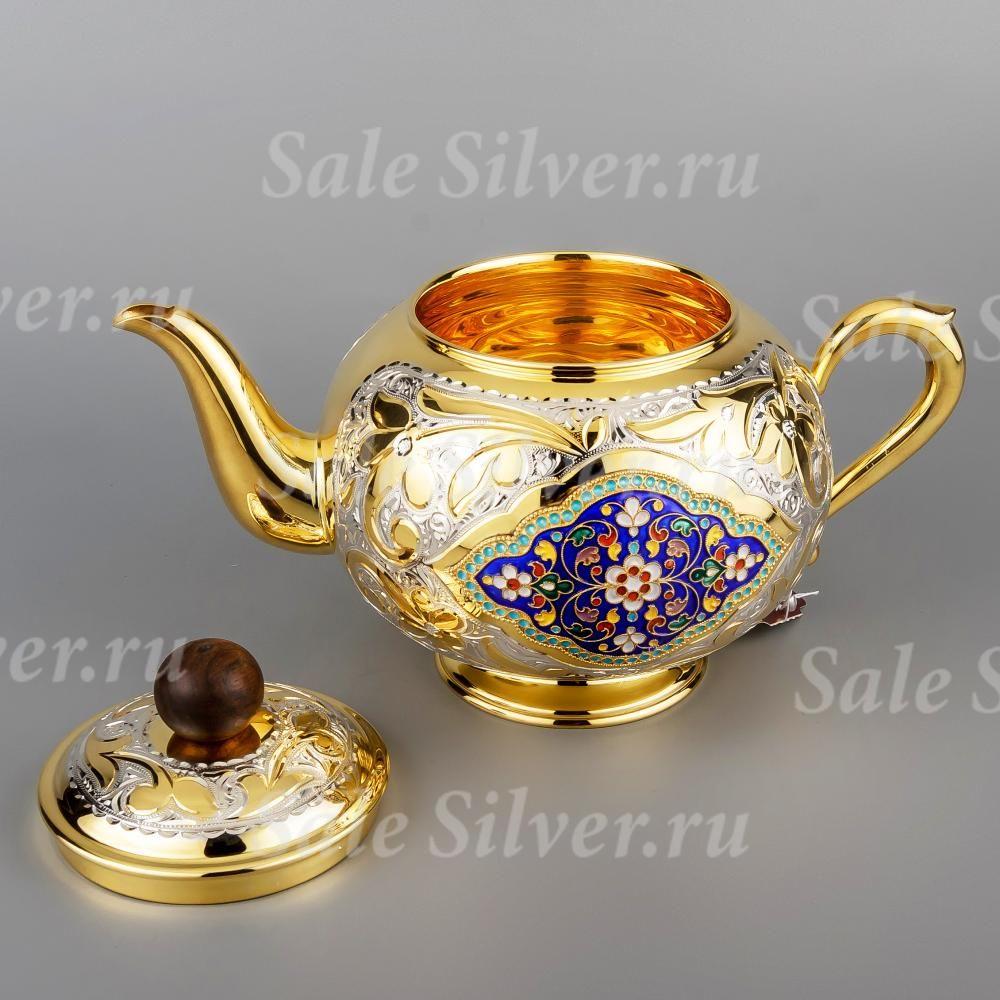 Серебряный чайник с позолотой и эмалью 